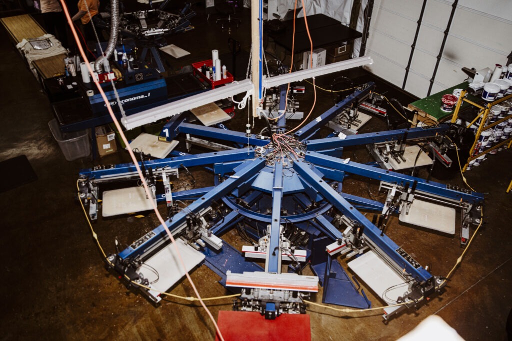 Multi-station screen printing press with blue frames